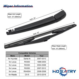 HOSAIRY Rear Wiper Arm Blade Set for Hyundai Santa Fe 2007-2012 2.4L 2.7L, for Hyundai Accent Hatchback 2006-2012 Rear Windshield Wiper Arm Blade Assembly 98811-2B000 988112B000