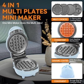 Baker's Friend 4 in 1 Mini Waffle Maker with Removable Plates, A Set of Mini Pancake Maker, Mini Donut Maker, Mini Heart Shape Waffle Maker and Small Waffle Maker, Compact Size, Recipe Included, Blue