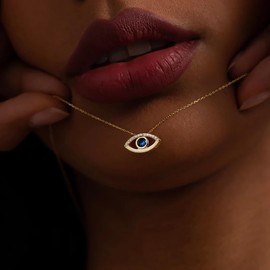 Lcbulu Dainty 14K Gold Plated Evil Eye Necklace for Women - Delicate CZ Diamond Choker Pendant Necklace Jewelry Gift (Evil Eye Necklace)