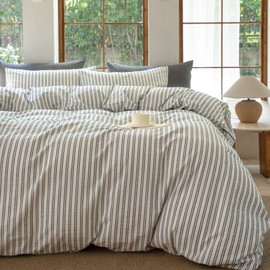 BESTDESIL Striped Duvet Cover Set,100% Washed Cotton Line Like Breathable Trendy Bedding Set(Strip-White/Black,King)