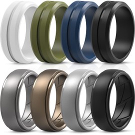 ThunderFit Silicone Wedding Rings for Men, Mixed Rubber Engagement Bands - Middle Engraved Line and Breathable Step Edge (Pack C, Size 8.5-9)