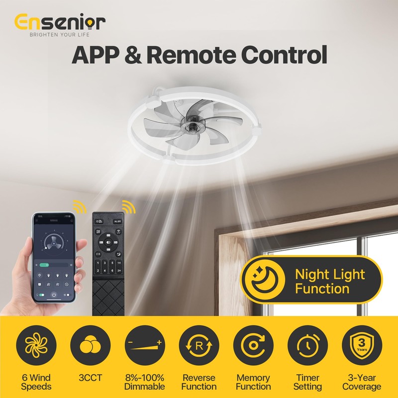Ensenior 20'' Low Profile Ceiling Fans with Lights and Remote,