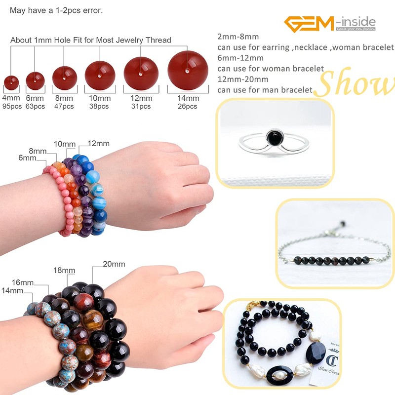 GEM-inside 14mm Round Black Agate Beads Strand 26-28 Pcs At