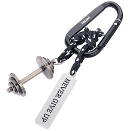 TROIKA Fitness Never Give Up Keyring with Carabiner Hook, 2 Pendants on Decorative Climbing Rope: Dumbbell and Plaque, Zinc Alloy, Chrome-Plated, Black, Silver Original, Black / Silver