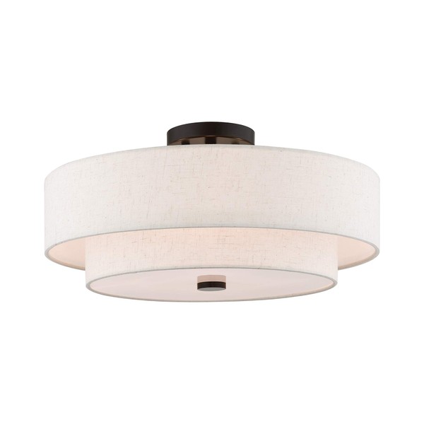 Livex Lighting 51085-92 4-Light Semi Flush Mount Ceiling Fixture with Oatmeal Color Fabric Hardback Drum Shade and Satin White Diffuser, English Bronze