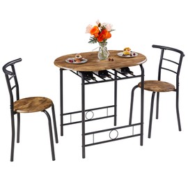 VECELO 3 Piece Round Dining Table & Chairs Set for 2, Wooden Kitchen Dinette Set with Wine Storage Rack for Small Space, Breakfast Nook, Saving Space,Brown