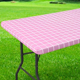 Spotjoy Rectangle Table Cloth, Elastic Fitted Flannel Backed Plastic Table Covers for 6 Foot Folding Tables, Waterproof Vinyl Tablecloths for Picnic, Camping, Indoor and Outdoor (Pink, 30 x 72 inch)
