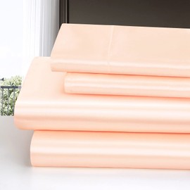 Homiest 4pcs Satin Sheets Set Luxury Silky Satin Bedding Set with Deep Pocket, 1 Fitted Sheet + 1 Flat Sheet + 2 Pillowcases (King Size, Champagne)
