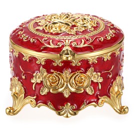 Hipiwe Vintage Metal Jewelry Box - Small Trinket Organizer Ring Box Case with Rose Pattern Jewelry Storage Box for Ring Earrings Necklace, Keepsake Box for Women Girls,Red
