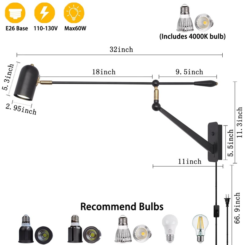 Multifunctional Movable Wall Mounted Lamp, Adjustable Directional Unique Large Swing