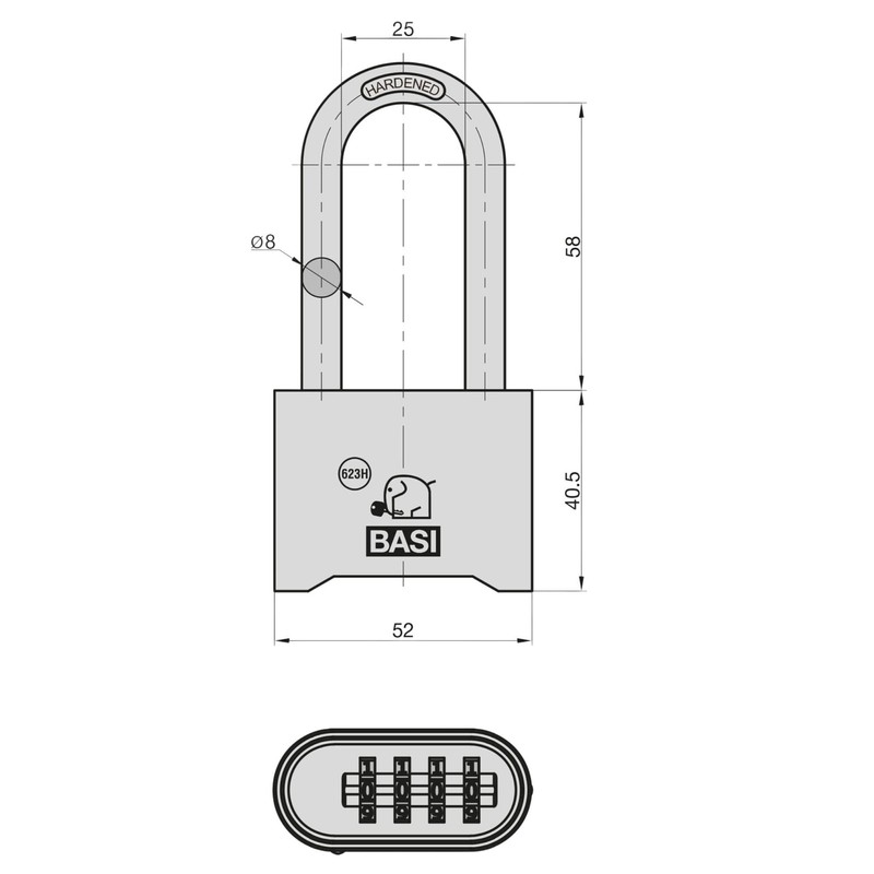 BASI Brass Combination Lock Shackle Height 58 mm Individually Adjustable