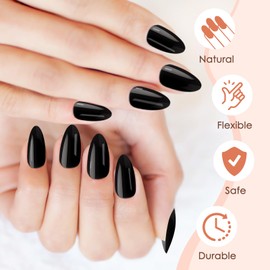 MELLIEX 240 Pieces Press On Nails Short Almond Black Nails for Sticking 10 Sizes Acrylic False Nails Tips Set Full Cover Artificial Fingernails
