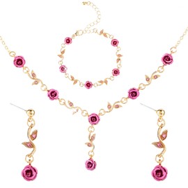 3Pcs Set Rose Red Rose Jewelry - Rose Flower Pendant Necklace, Bracelet Dangle Earrings. Jewelry Sets for Women Wedding Prom Rose Necklace Valentine's Day Red Jewelry Birthday Party Rose Red
