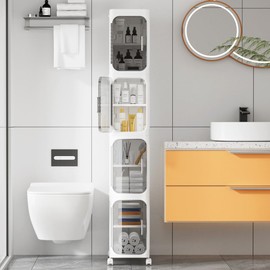 HIYOHIYO 4-Tier Tall Narrow Bathroom Storage Cabinet with Movable and Locking Wheel Design, Slim Storage Cabinet with Adjustable Shelves for Small Space and Kitchen Narrow Spaces, White (Width 8.5")