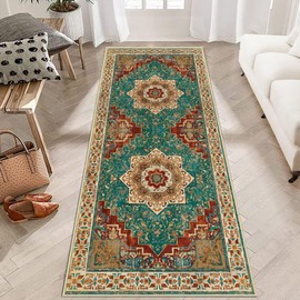 Arenarug Washable Runner Rug 2x6 Boho Hallway Rug Non Slip Kitchen Runner Rug Soft Teal Rust Vintage Rug for Entryway Oriental Distressed Low-Pile Floor Carpet for Laundry Indoor Entrance Bathroom