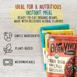 BeanVIVO - Variety 3 Pack (10 oz each) - Organic Baja Black Beans, Three Bean Vegan Chili, Coconut Curry Chickpeas - Seasoned & Ready to Eat, Plant Protein, Vegan, Gluten Free, Microwaveable, Instant Meals