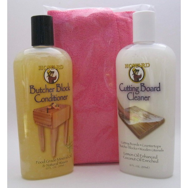 Howard Butcher Block Conditioner and Cutting Board Cleaner Bundle with Microfiber Cloth (Pink)