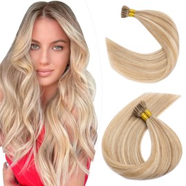 Hairro I Tip Human Hair Extensions Pre Bonded Cold Fusion Remy Hair Highlight Keratin Stick Balayage Ombre Piano Color Tipped Hair For Women 20" 100 Strands 50g #12P613 Golden Brown&Bleach Blonde
