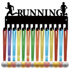 CREATCABIN Running Medal Hanger Medal Holder Rack Sport Metal Awards Iron Small Holder Decor with 20 Hooks for Wall Home Badge Race Running Swimming Black 29 x 12.8 cm