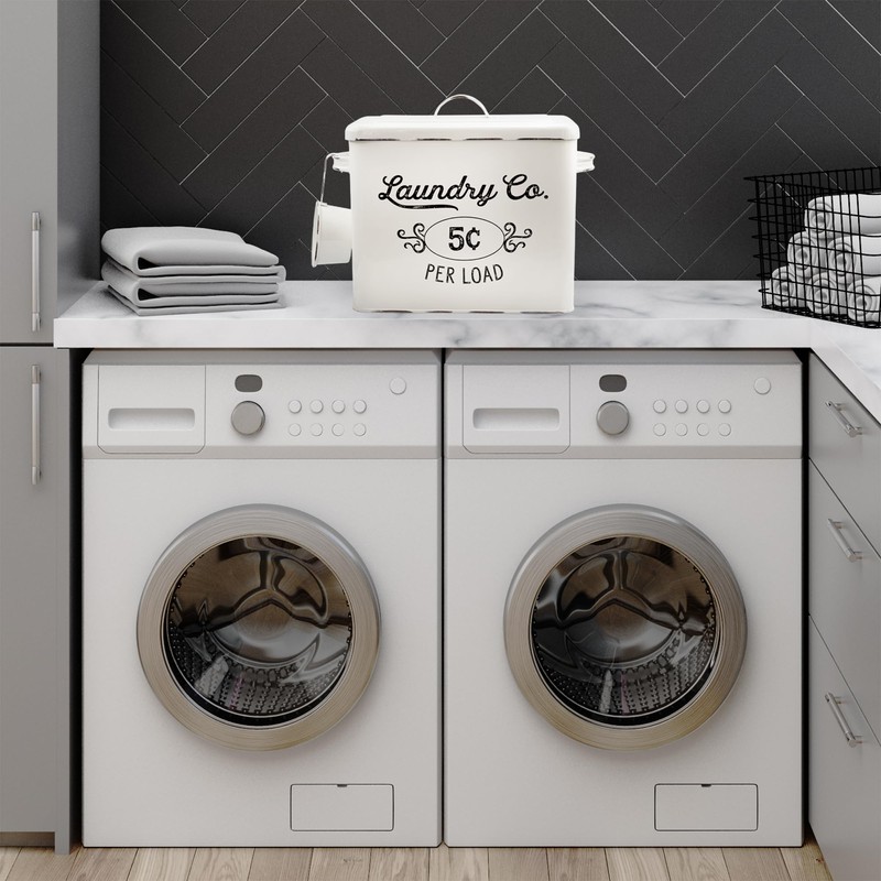AuldHome Design Farmhouse Laundry Powder Container, White Enamelware Detergent Bin