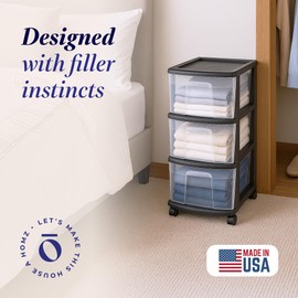 HOMZ Drawer Tower, 3-Tier Clear Plastic Storage Organizer Cart, Black Frame – Organizing Containers with Wheels for Home, Bathroom, Bedroom, Office, and Classroom