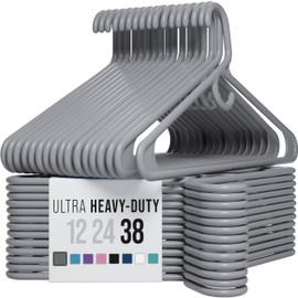 NEATERIZE Thick Heavy Duty Hangers - Grey Plastic Clothes Hangers 38 Pack - Great for Coat Hanger, Jackets Jeans & Suit Hanger for Closet - New Apartment Essentials Percheros Ganchos para Colgar Ropa