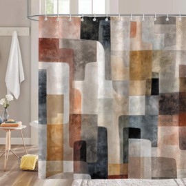 Moonslim Boho Beige Brown Grey Shower Curtains, Mid Century Abstract Art Geometric Modern Shower Curtain for Bathroom Curtain Decor, Washable Fabric Cloth Waterproof with 12 Hooks, 72x72 Inch