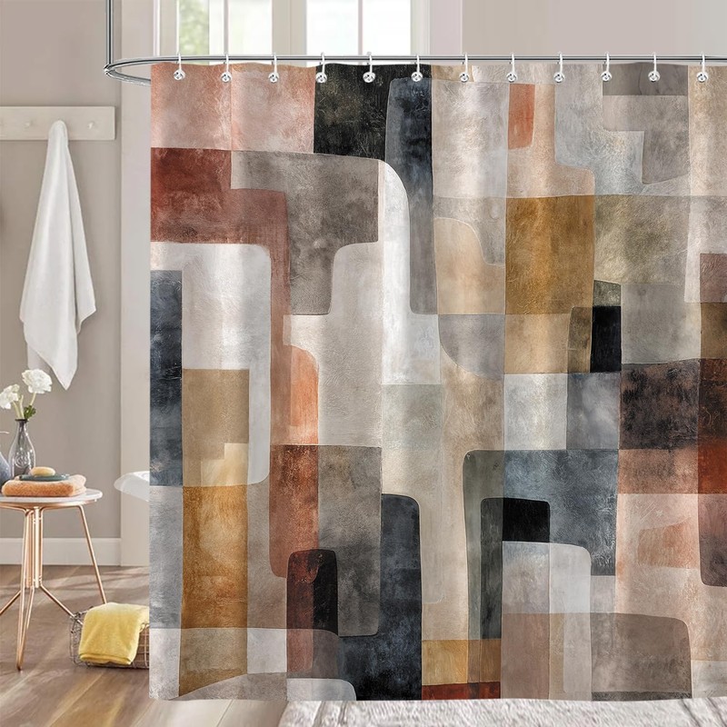 Moonslim Boho Beige Brown Grey Shower Curtains, Mid Century Abstract