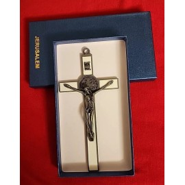 SAINT BENEDICT WHITE  Enamel metal  Wall hanging Cross Saint Benedict  Crucifix 7.5 ×3.5 " new