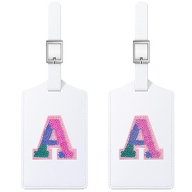 Sodsay 2 PCS Initial Luggage Tag, Luggage Tags for Suitcases Cute Sequin Letter PU Leather Travel Bag Baggage Tags Privacy Cover ID Label for Women Kids Teens Men(A, White Leather+Colorful Letter)