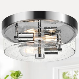 Flush Mount Ceiling Light Fixtures, 2-Light Chrome Ceiling Mount for Farmhouse with Seeded Glass Lampshade, Industrial Hall Flush Mount Light Fixture for Hallway, Kitchen, Entryway, Bedroom and Foyer