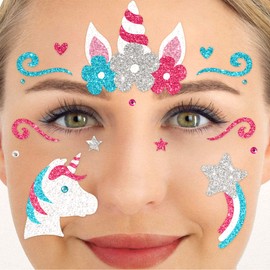 Party Factory Face Tattoo, Unicorn, Temporary Glitter Face Tattoo for Theme Party, Halloween & Carnival, Children & Adults