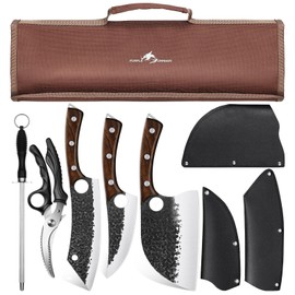 Purple Dragon Butcher Knife Set, 9 Pcs Chef Knife Set - Hand Forged Serbian Chef Knife Meat Cleaver Boning Viking Knives, Kitchen Knives Set with Roll Bag for Home Cooking, Outdoor Camping, BBQ