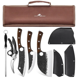 Purple Dragon Butcher Knife Set, 9 Pcs Chef Knife Set - Hand Forged Serbian Chef Knife Meat Cleaver Boning Viking Knives, Kitchen Knives Set with Roll Bag for Home Cooking, Outdoor Camping, BBQ
