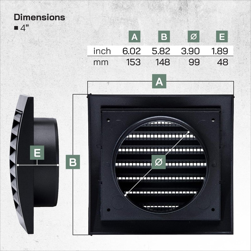 Vent Systems Diameter 100 mm, outer dimensions 148 x 153