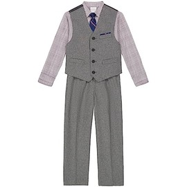 Van Heusen Boys' 4-Piece Formal Suit Set, Vest, Pants, Collared Dress Shirt, and Tie, Silverware, 7