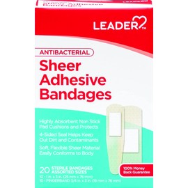 Leader Sheer Adhesive Bandages, Packs ofBlends with Skin, Helps Prevent Infection, Long Lasting, Comfortable Protection for First Aid and Wound Care, Compare to Band-Aid, Assorted Sizes, 20 ct.