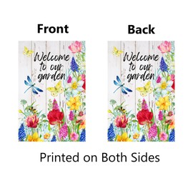 Spring Summer Garden Flag 12x18 Inch Welcome To Our Garden Sign Floral Decorative Banner Bee Butterfly Flowers Spring Summer Yard Flag Seasonal Outdoor Farmhouse Decoration
