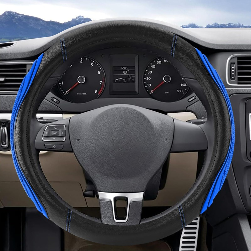 Blue Film Splicing Leather Steering Wheel Cover, Microfiber Leather, Anti-Slip,