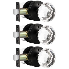 Orger 3 Pack Door Locks for Bed/Bath, Round Crystal Glass Door Knobs with Black Heavy Duty Base Door Handles, Interior Keyless Door Konbs with Pin Lock for Privacy