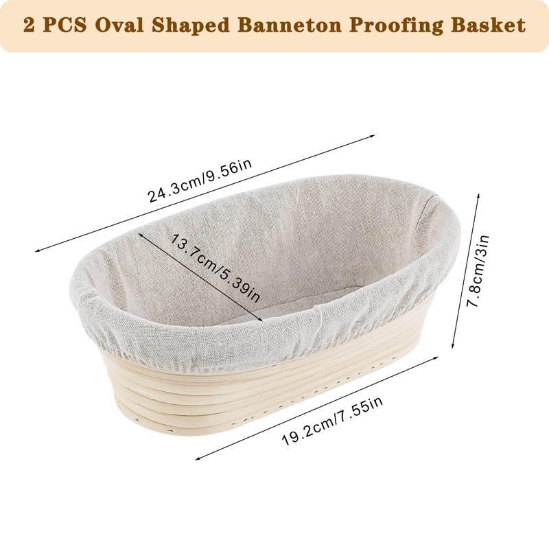 2 Packs 10 inch Oval Banneton Bread Proofing Basket Set,PIOGHAX