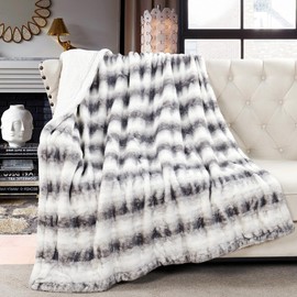 BYTIDE Plush Fuzzy Faux Fur Luxurious Ruched White Gray Striped Throw, Fluffy Furry Super Soft Thick Warm Heavy Throw Blankets for Sofa Couch Bed Chair Cover Home Décor, 50" x 60"