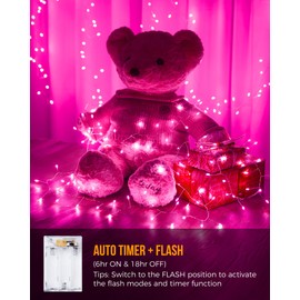 Brightown Battery Operated Fairy Lights, 10Feet 120LEDs Firecracker String Lights Waterproof Silver Wire Starry Firefly Lights for DIY Wreath Home Weeding Indoor Outdoor Christmas Decorations, Pink