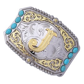 Btilasif Western Belt Buckle Cowboy Rodeo Initial Letters ABCDEFG to Z Turquoise Belt Buckle for Men Women (J)