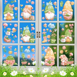 Zindoo 9 Sheet Spring Summer Double Sided Window Clings, 86Pcs Gnomes Potted Plants Flowers Mushroom Butterfly Floral Window Decals, Removable Static Vinyl Window Stickers for Glass Home Door