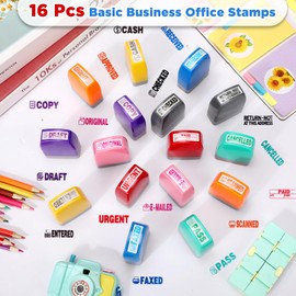 Yeaqee 16 Pcs Self Inking Rubber Stamp Set for Office Stamps Approved Paid Copy Faxed Scanned Stamps Message Account Business Stamps Paper Work Text Ink Stampers (Many Color)