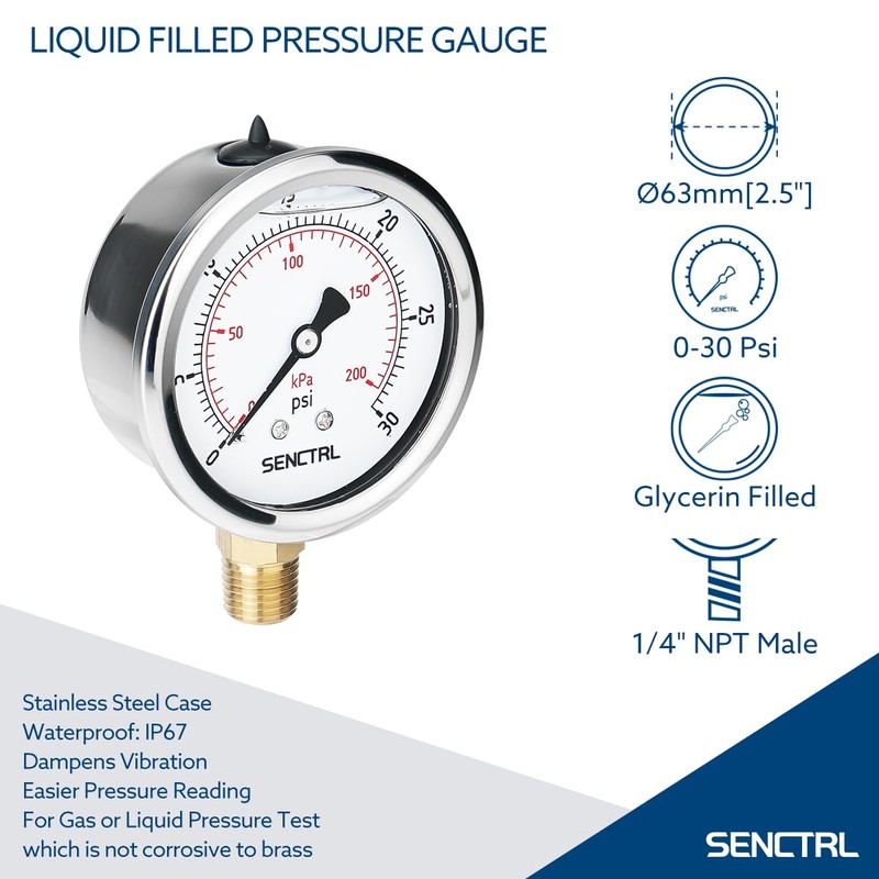SENCTRL 0-30 PSI Glycerin Liquid Filled Low Pressure Gauge, 2.5"