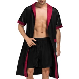 SWOMOG Men's Satin Robe with Shorts Set Silky Short Sleeve Kimono Bathrobe Lightweight Soft Sleepwear