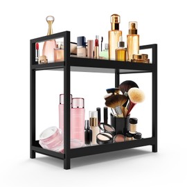 miboim 2Tier Countertop Bathroom-Small Book Shelf Organizer for Plants,Makeup,Skincare,Perfume,Countertop Display Rack for Bedroom/Living Room/Bathroom/Kitchen,Black Storage Bookshelf