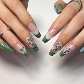 MERVF Long Press on Nails Coffin Fake Nails Green French Tip Ballerina Glue on Nails with 3D Heart Rhinestones Acrylic Nails Press ons 24pcs Glossy False Nails